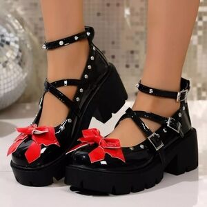 Black Red Bow Round Toe Block Heels Pumps
